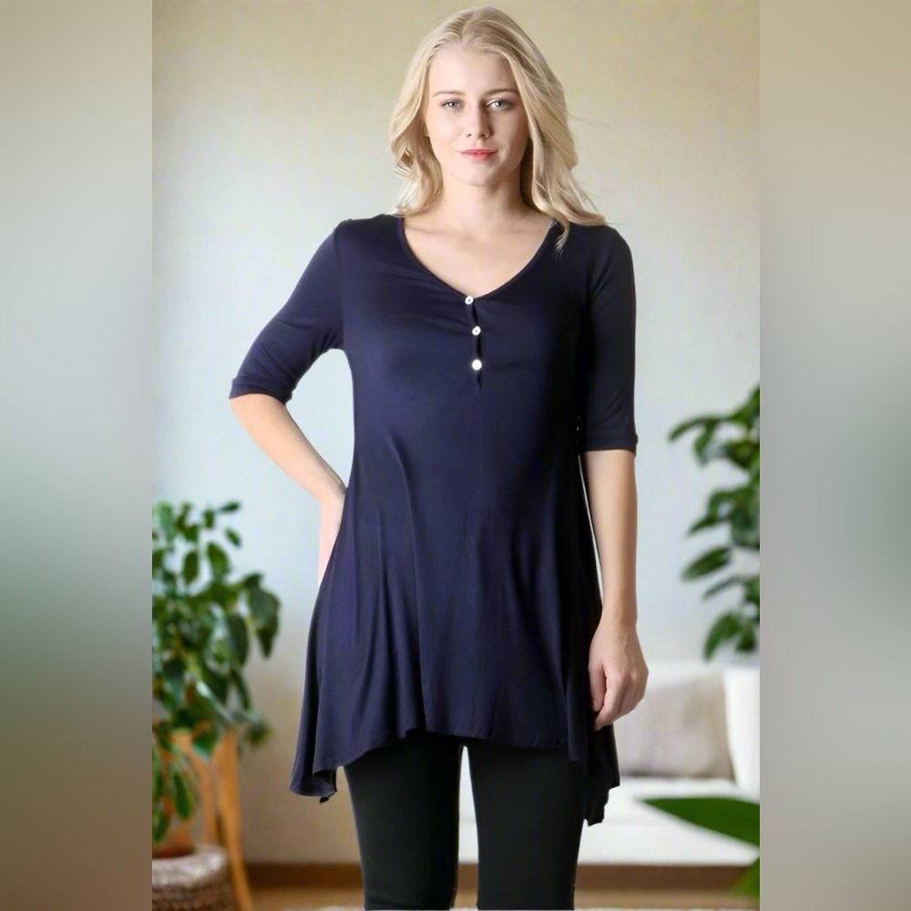 Small NEW Womens Navy Blue Long Tunic Top, Short Mini Dress, 3/4 Sleeves, V-Neck